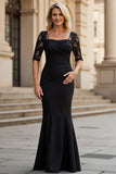 Black Square Neck Ruched Maxi Mother of the Bride Dress with Sleeves