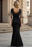 Black Square Neck Ruched Maxi Mother of the Bride Dress with Sleeves