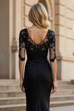 Black Square Neck Ruched Maxi Mother of the Bride Dress with Sleeves
