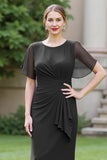 Black Sheath Round Neck Maxi Ruched Mother of the Bride Dress