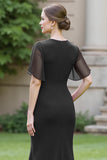 Black Sheath Round Neck Maxi Ruched Mother of the Bride Dress