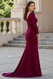Burgundy Satin Mermaid V-Neck Long Ruched Mother of the Bride Dress