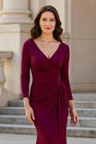 Burgundy Satin Mermaid V-Neck Long Ruched Mother of the Bride Dress
