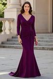 Burgundy Satin Mermaid V-Neck Long Ruched Mother of the Bride Dress