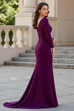 Burgundy Satin Mermaid V-Neck Long Ruched Mother of the Bride Dress