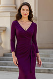 Burgundy Satin Mermaid V-Neck Long Ruched Mother of the Bride Dress
