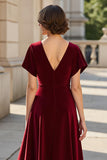 A Line Burgundy V-Neck Floral Satin Mother of the Bride Dress with Sleeves