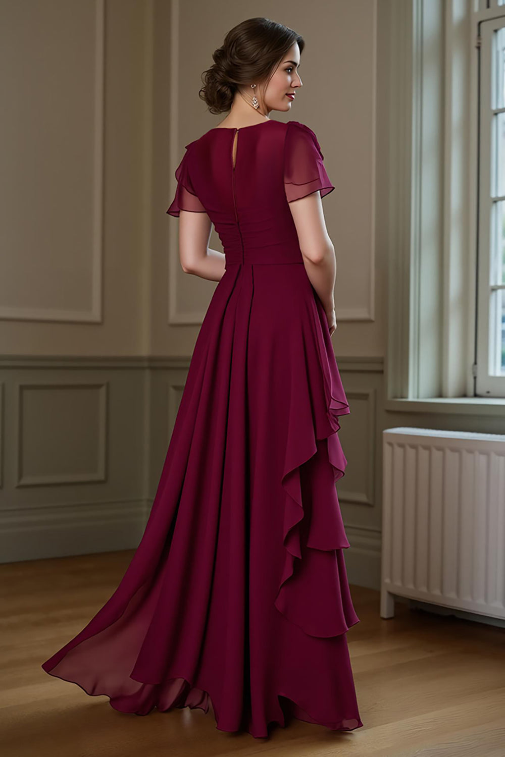 Burgundy Chiffon Round Neck A Line Long Mother of the Bride Dress with Ruffles