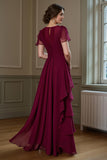 Burgundy Chiffon Round Neck A Line Long Mother of the Bride Dress with Ruffles