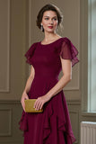 Burgundy Chiffon Round Neck A Line Long Mother of the Bride Dress with Ruffles