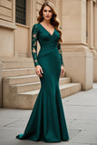 Pine Mermaid V-Neck Satin Long Mother of the Bride Dress with Sleeves
