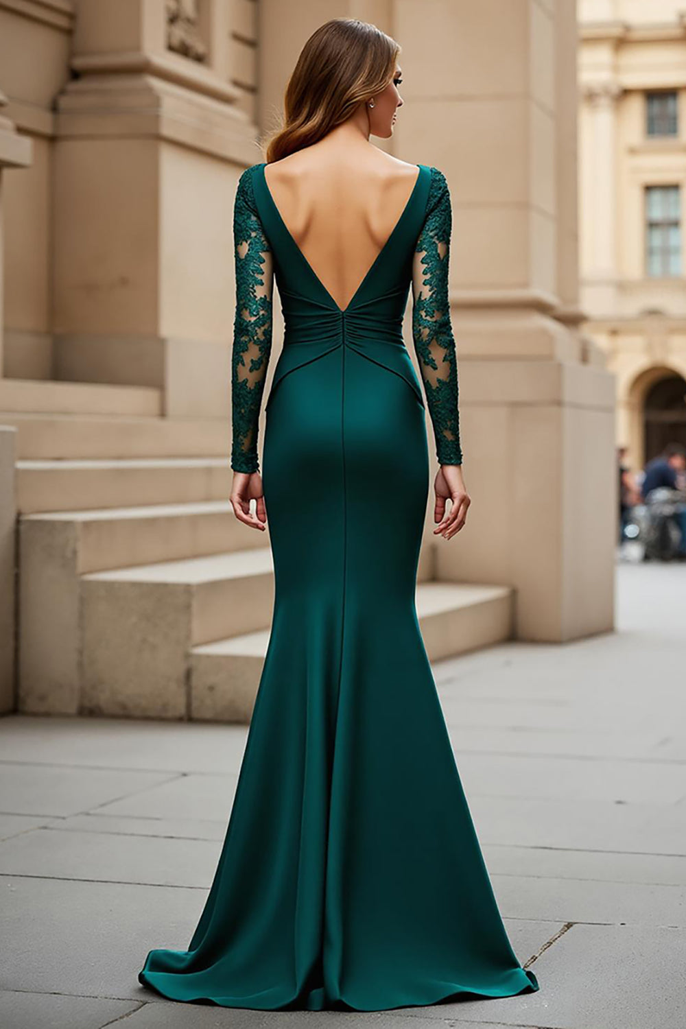 Pine Mermaid V-Neck Satin Long Mother of the Bride Dress with Sleeves