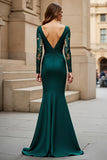 Pine Mermaid V-Neck Satin Long Mother of the Bride Dress with Sleeves