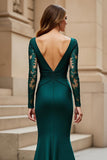 Pine Mermaid V-Neck Satin Long Mother of the Bride Dress with Sleeves