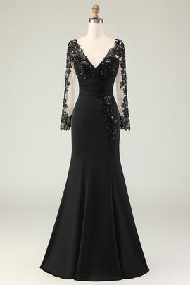 Black Mermaid V-Neck Lace Long Sleeves Mother of the Bride Dress