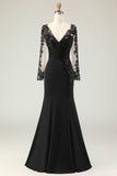 Black Mermaid V-Neck Lace Long Sleeves Mother of the Bride Dress