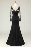 Black Mermaid V-Neck Lace Long Sleeves Mother of the Bride Dress