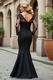 Black V-Neck Mermaid Long Mother of the Bride Dress with Sleeves