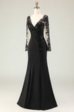 Black Mermaid V-Neck Lace Long Sleeves Mother of the Bride Dress