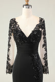 Black Mermaid V-Neck Lace Long Sleeves Mother of the Bride Dress