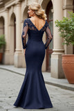 Black V-Neck Mermaid Long Mother of the Bride Dress with Sleeves