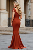 Rust Satin Square Neck Mermaid Long Mother of the Bride Dress with Appliques