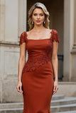 Rust Satin Square Neck Mermaid Long Mother of the Bride Dress with Appliques