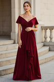 Burgundy A Line V-Neck Satin Long Mother of the Bride Dress with Ruffles