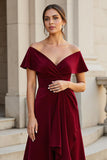 Burgundy A Line V-Neck Satin Long Mother of the Bride Dress with Ruffles