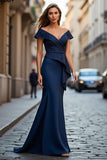 Sparkly Navy Satin Off the Shoulder Mermaid Long Mother of the Bride Dress
