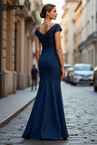 Sparkly Navy Satin Off the Shoulder Mermaid Long Mother of the Bride Dress