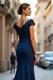 Sparkly Navy Satin Off the Shoulder Mermaid Long Mother of the Bride Dress