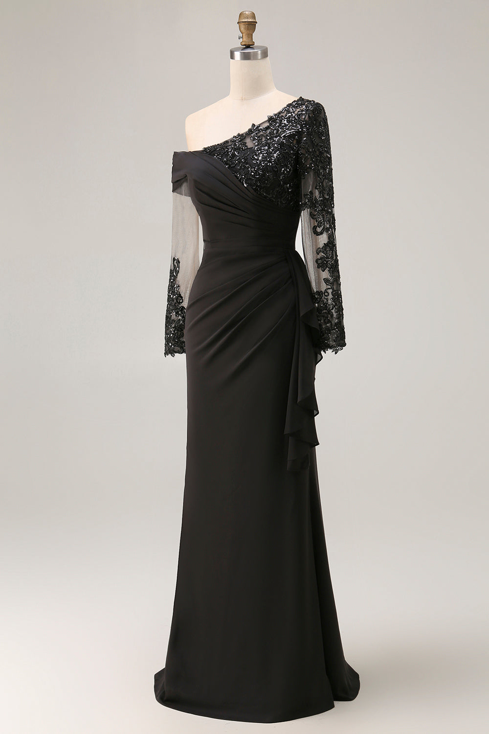 Black Mermaid Ruffled Long Mother of the Bride Dress with Appliques
