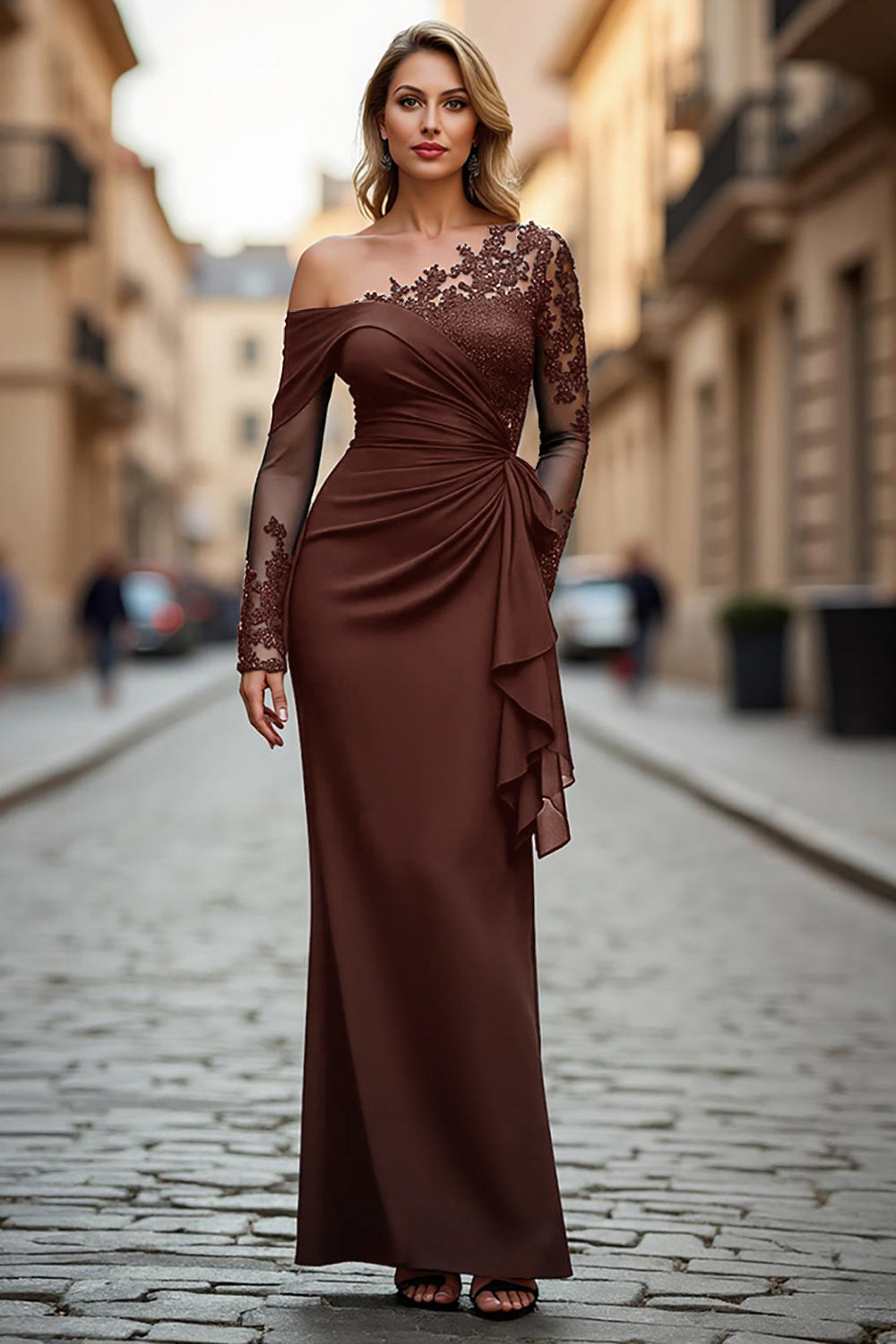Zapaka Women Black Long Mother of The Bride Dress with Lace One Shoulder Mermaid Ruched Wedding Guest Dress with Sleeves, Brown / US22W Zapaka Women Black Long Mother of The Bride Dress with Lace One Shoulder Mermaid Ruched Wedding Guest Dress with Sleeves, Brown / US22W