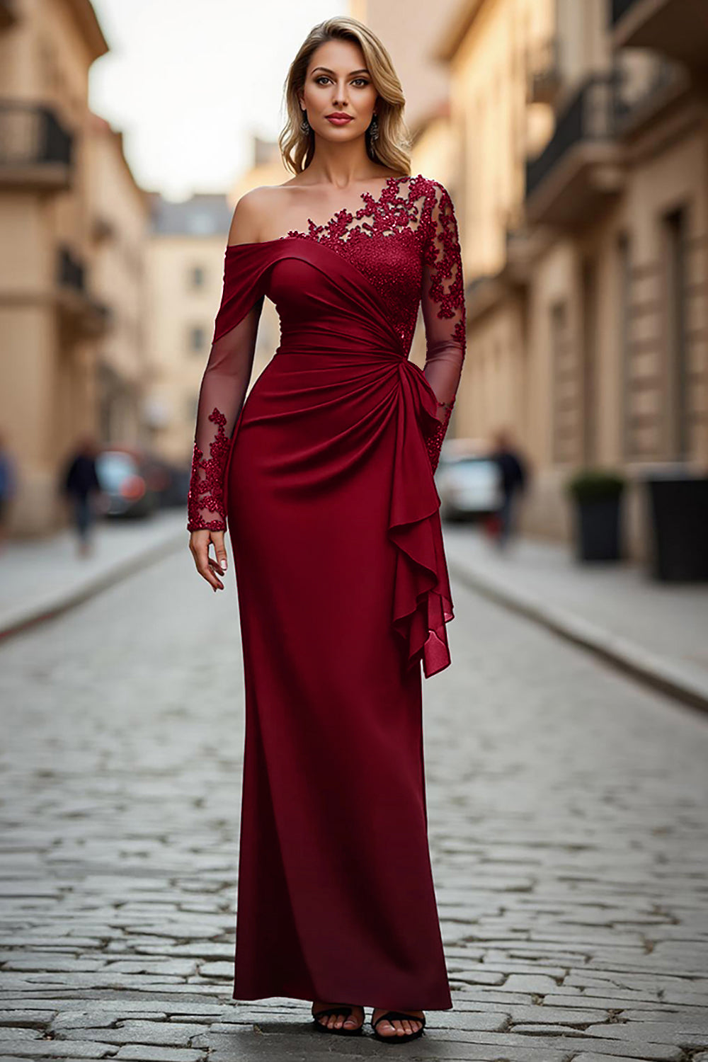 Black Ruched One Shoulder Long Sleeves Mother of the Bride Dress with Appliques