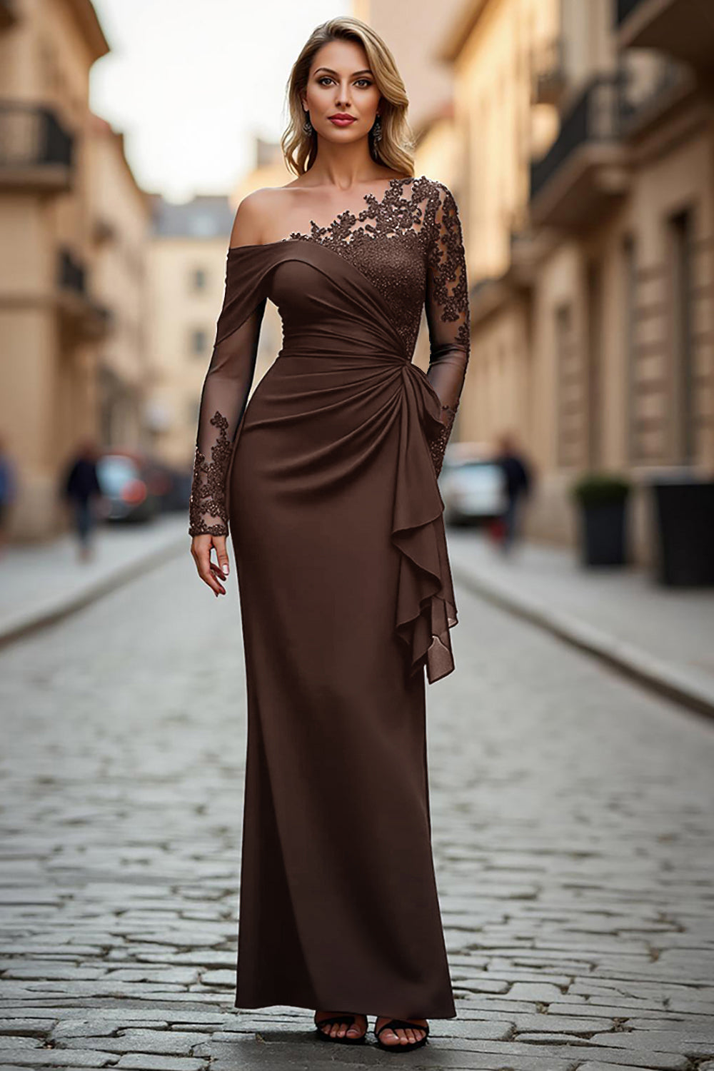 Zapakasa Women Black Sheath Long Sleeves Mother of the Bride Dress with Appliques One Shoulder Ruched Formal Dress Zapakasa Women Black Sheath Long Sleeves Mother of the Bride Dress with Appliques One Shoulder Ruched Formal Dress