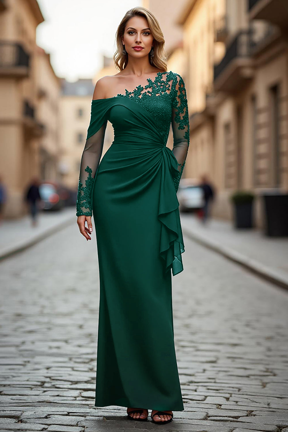 Black Ruched One Shoulder Long Sleeves Mother of the Bride Dress with Appliques