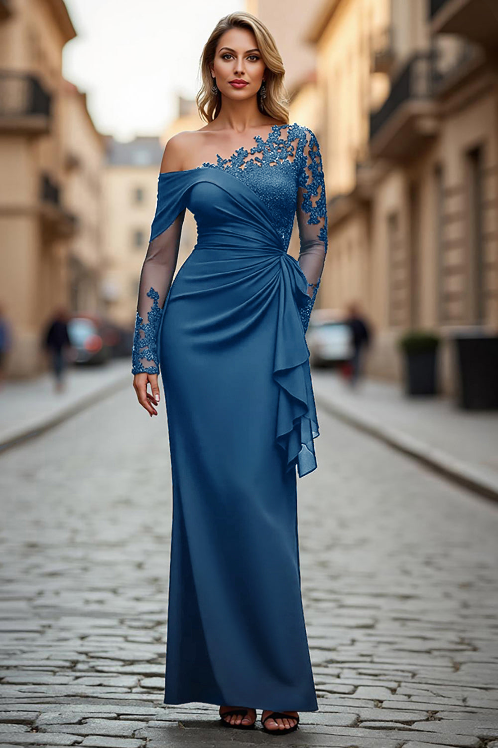 Zapakasa Women Black Sheath Long Sleeves Mother of the Bride Dress with Appliques One Shoulder Ruched Formal Dress Zapakasa Women Black Sheath Long Sleeves Mother of the Bride Dress with Appliques One Shoulder Ruched Formal Dress