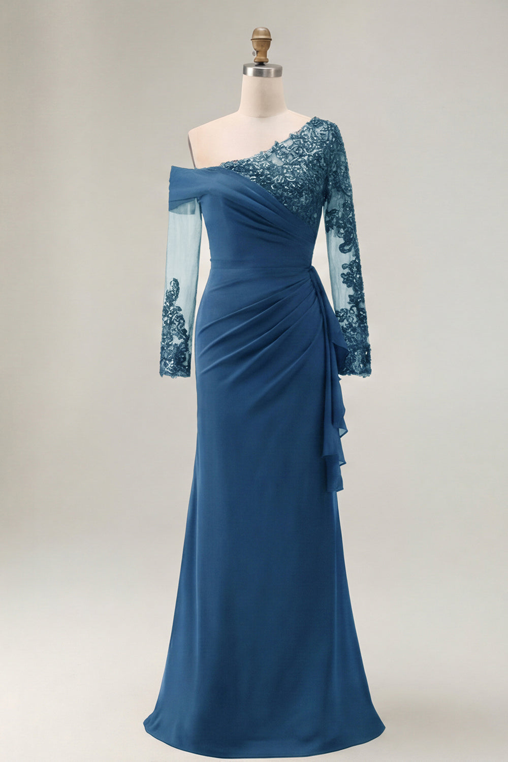 Black Ruched One Shoulder Long Sleeves Mother of the Bride Dress with Appliques