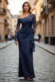 Black Ruched One Shoulder Long Sleeves Mother of the Bride Dress with Appliques