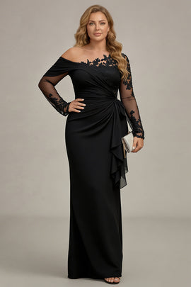 Plus Size Black Ruched One Shoulder Long Sleeves Mother of the Bride Dress with Appliques