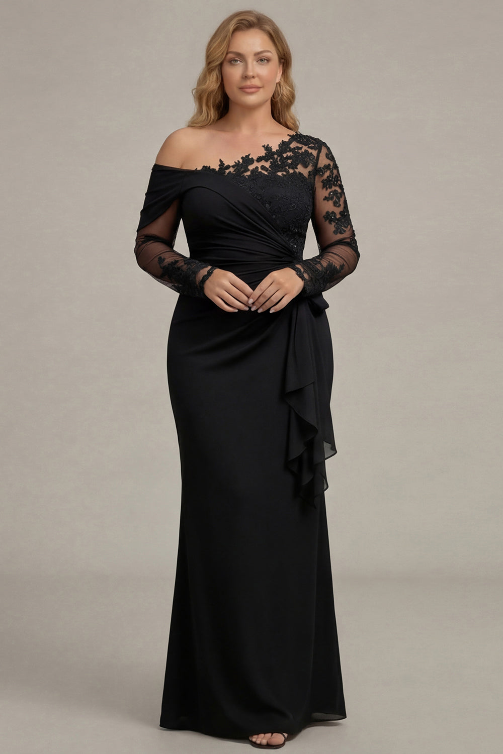 Plus Size Black Ruched One Shoulder Long Sleeves Mother of the Bride Dress with Appliques