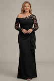 Plus Size Black Ruched One Shoulder Long Sleeves Mother of the Bride Dress with Appliques