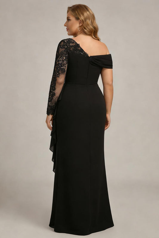 Plus Size Black Ruched One Shoulder Long Sleeves Mother of the Bride Dress with Appliques