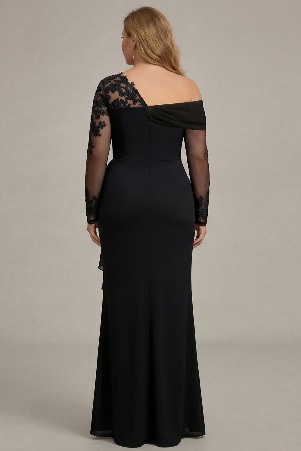 Black Ruched One Shoulder Long Sleeves Mother of the Bride Dress with Appliques