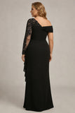 Plus Size Black Ruched One Shoulder Long Sleeves Mother of the Bride Dress with Appliques