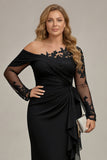 Plus Size Black Ruched One Shoulder Long Sleeves Mother of the Bride Dress with Appliques