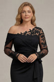 Plus Size Black Ruched One Shoulder Long Sleeves Mother of the Bride Dress with Appliques