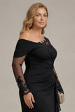 Plus Size Black Ruched One Shoulder Long Sleeves Mother of the Bride Dress with Appliques