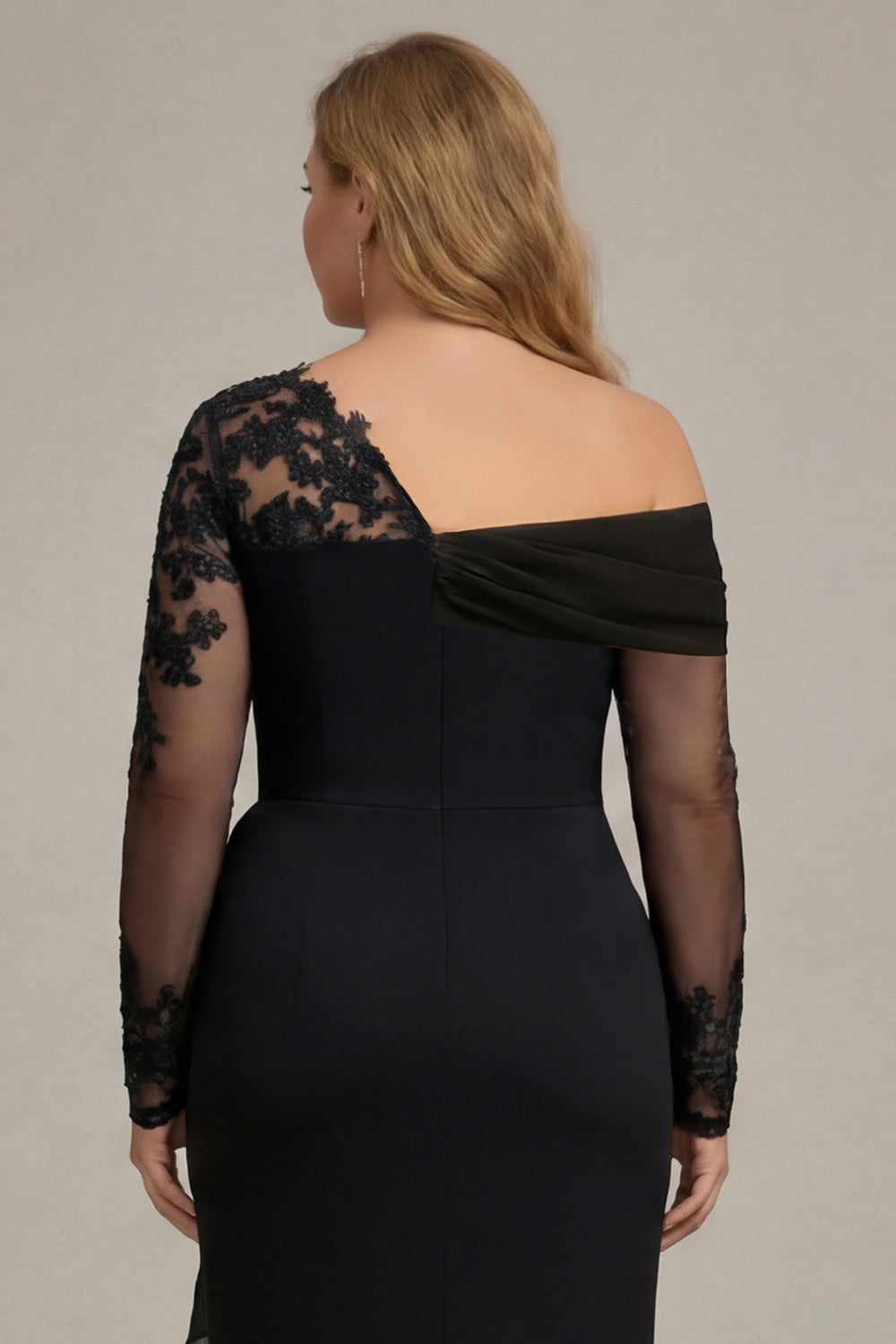 Plus Size Black Ruched One Shoulder Long Sleeves Mother of the Bride Dress with Appliques